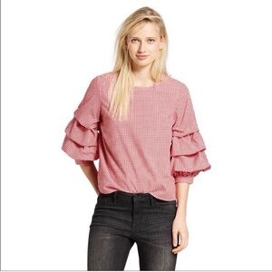 Who What Wear Red Gingham Blouse with Ruffle Sleeves